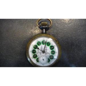 Montre régulateur à cartouches avec décor de Bateau vers 1900.