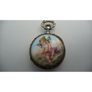 Montre de col 12 lignes en métal émaillé vers 1900