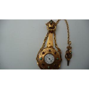 Montre chatelaine en vermeil, d'époque Napoléon II, sertie de pierres précieuses, vers 1860.