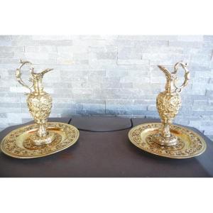 Pair Of Decorative Ewers In Gilt Bronze, Louis XIII Style  Napoleon III Period.