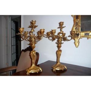 Grande Paire De Candélabres En Bronze Doré, De Style Louis XV, à Cinq Bras De Lumière.