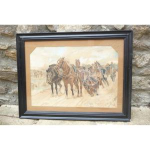 Large Watercolor. Soldiers And Horses, Circa 1870.