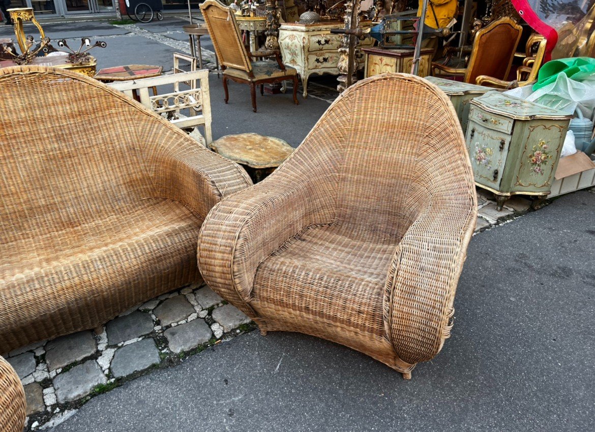 Italian Rattan Set From The 1920s (2 Armchairs, Sofa)-photo-6