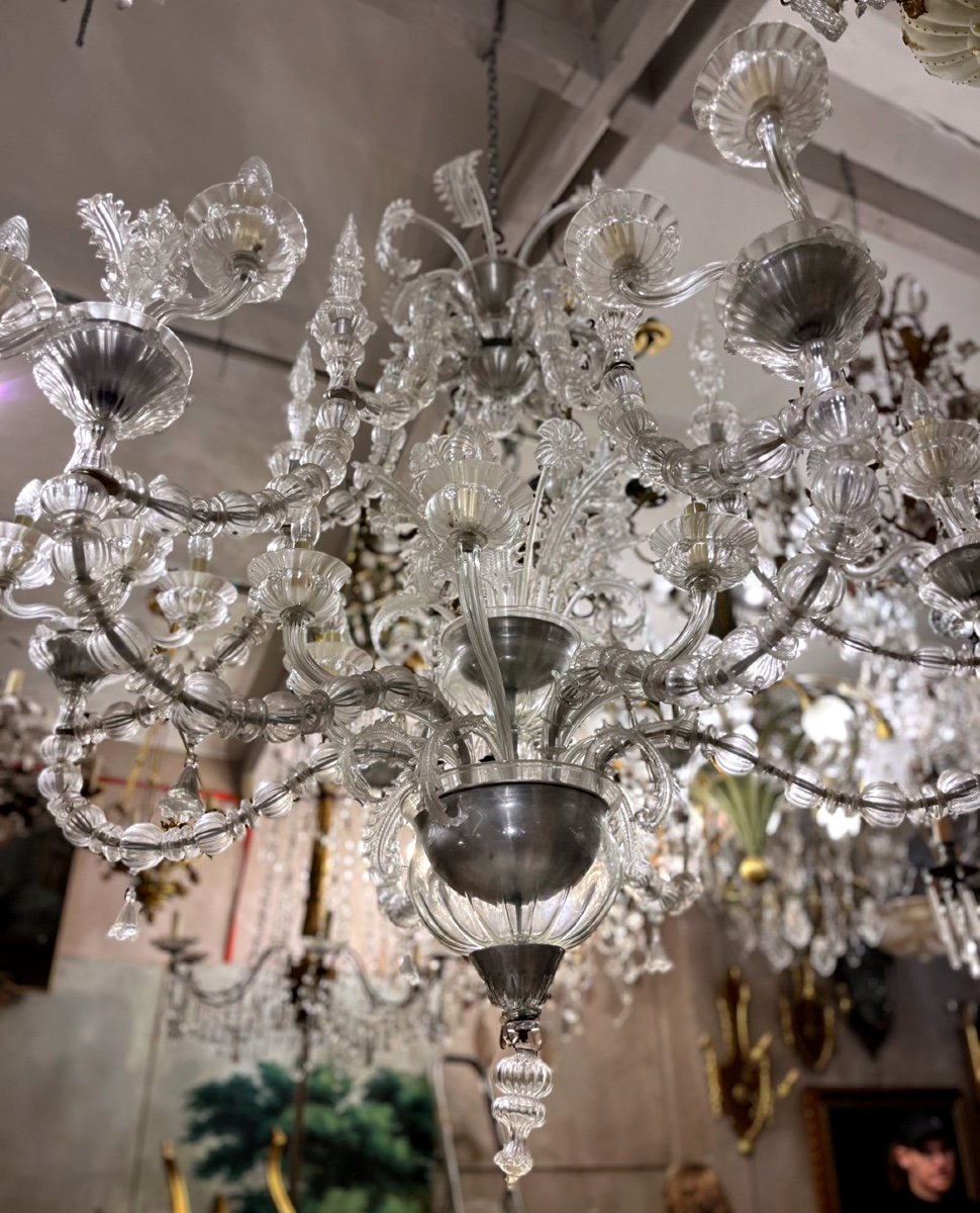 Large Venetian Chandelier, Transparent Murano Glass