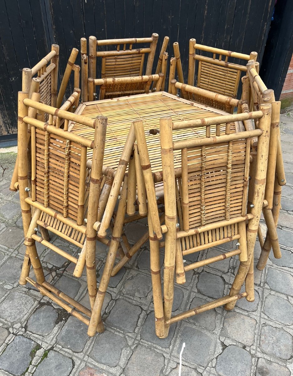 Italian Foldable Table And Six Chairs From The Late Mid-20th Century In Bamboo-photo-2