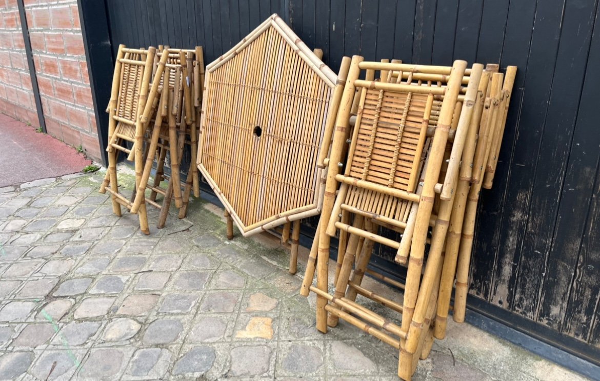 Italian Foldable Table And Six Chairs From The Late Mid-20th Century In Bamboo-photo-3