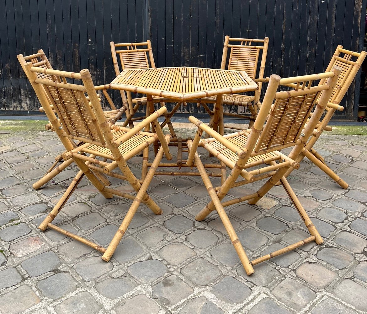 Italian Foldable Table And Six Chairs From The Late Mid-20th Century In Bamboo-photo-4