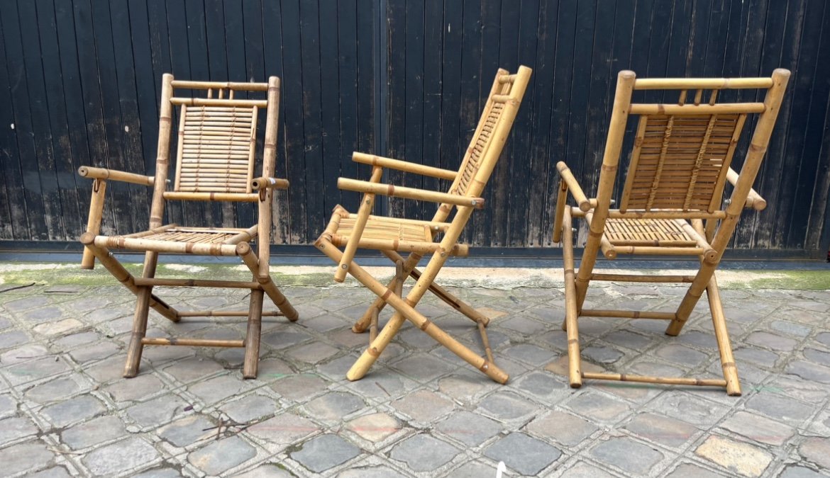 Italian Foldable Table And Six Chairs From The Late Mid-20th Century In Bamboo-photo-3
