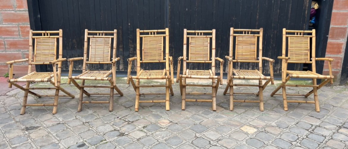 Italian Foldable Table And Six Chairs From The Late Mid-20th Century In Bamboo-photo-4