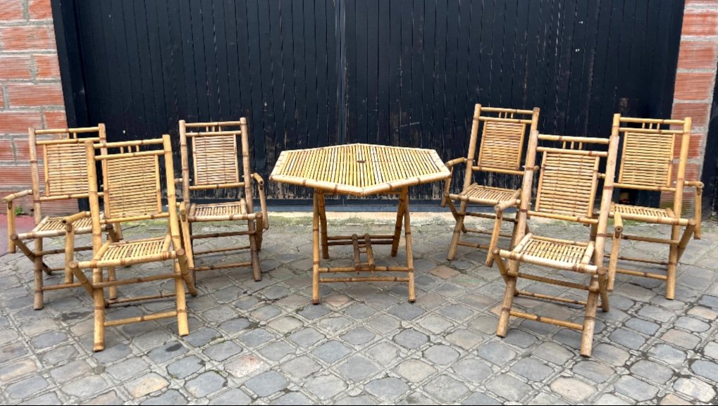 Italian Foldable Table And Six Chairs From The Late Mid-20th Century In Bamboo