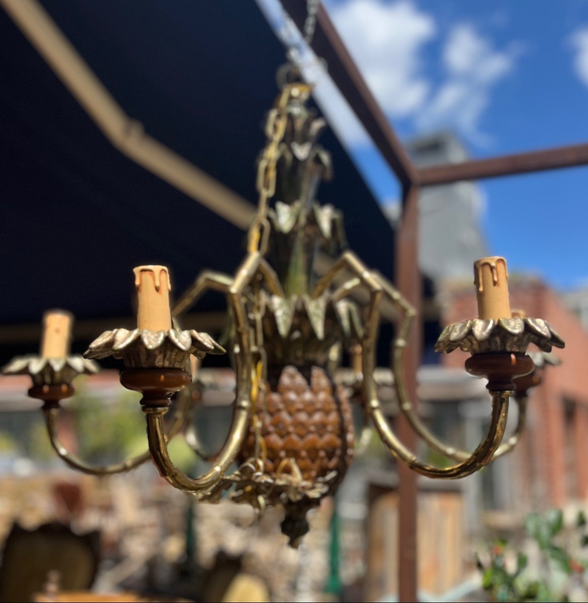 Pineapple Chandelier In Metal, Bronze And Wood From The 70s, 20th Century -photo-2