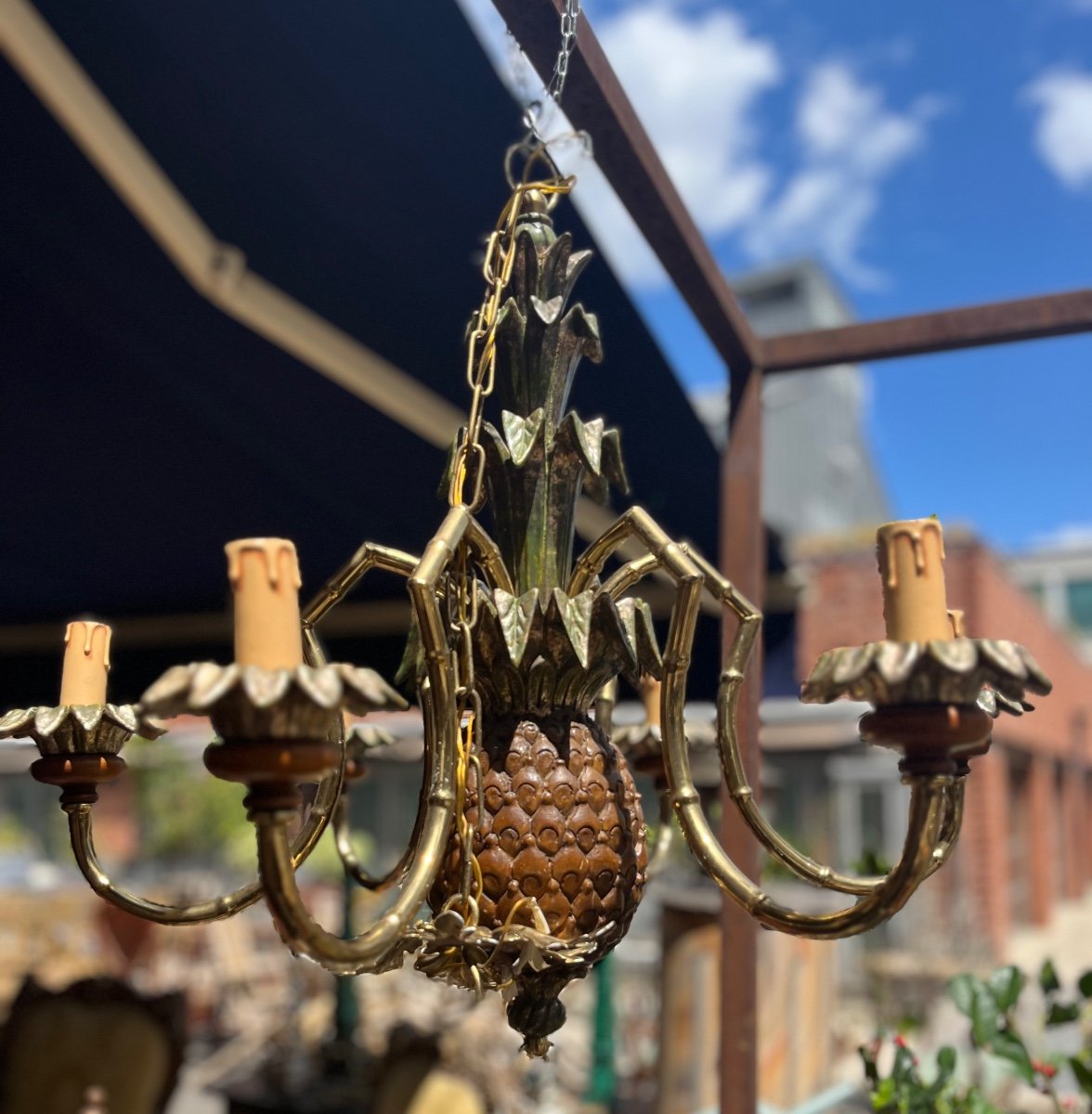 Pineapple Chandelier In Metal, Bronze And Wood From The 70s, 20th Century 