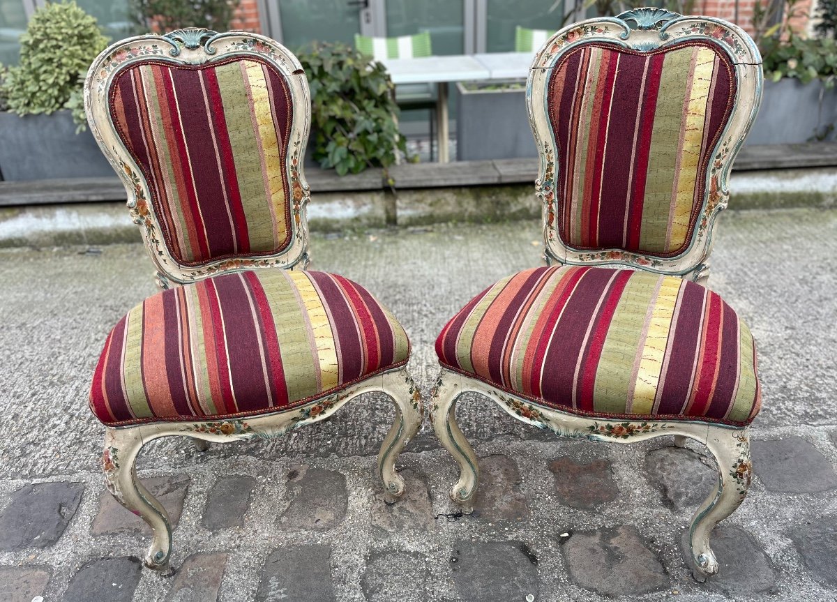 Paire De Chaises Vénitiennes, Bois Sculpté Et Laqué, Fin XIXe Siècle