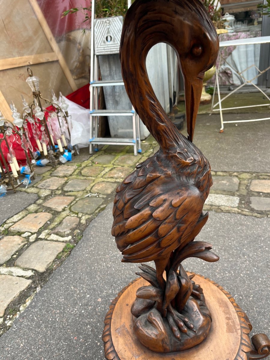 19th Century Black Forest Style Walnut Pedestal Table With Heron Or Stork Decor -photo-3