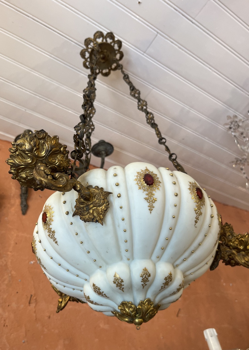 19th Century Lime Green Opaline Suspension With Applied Decorations   -photo-3