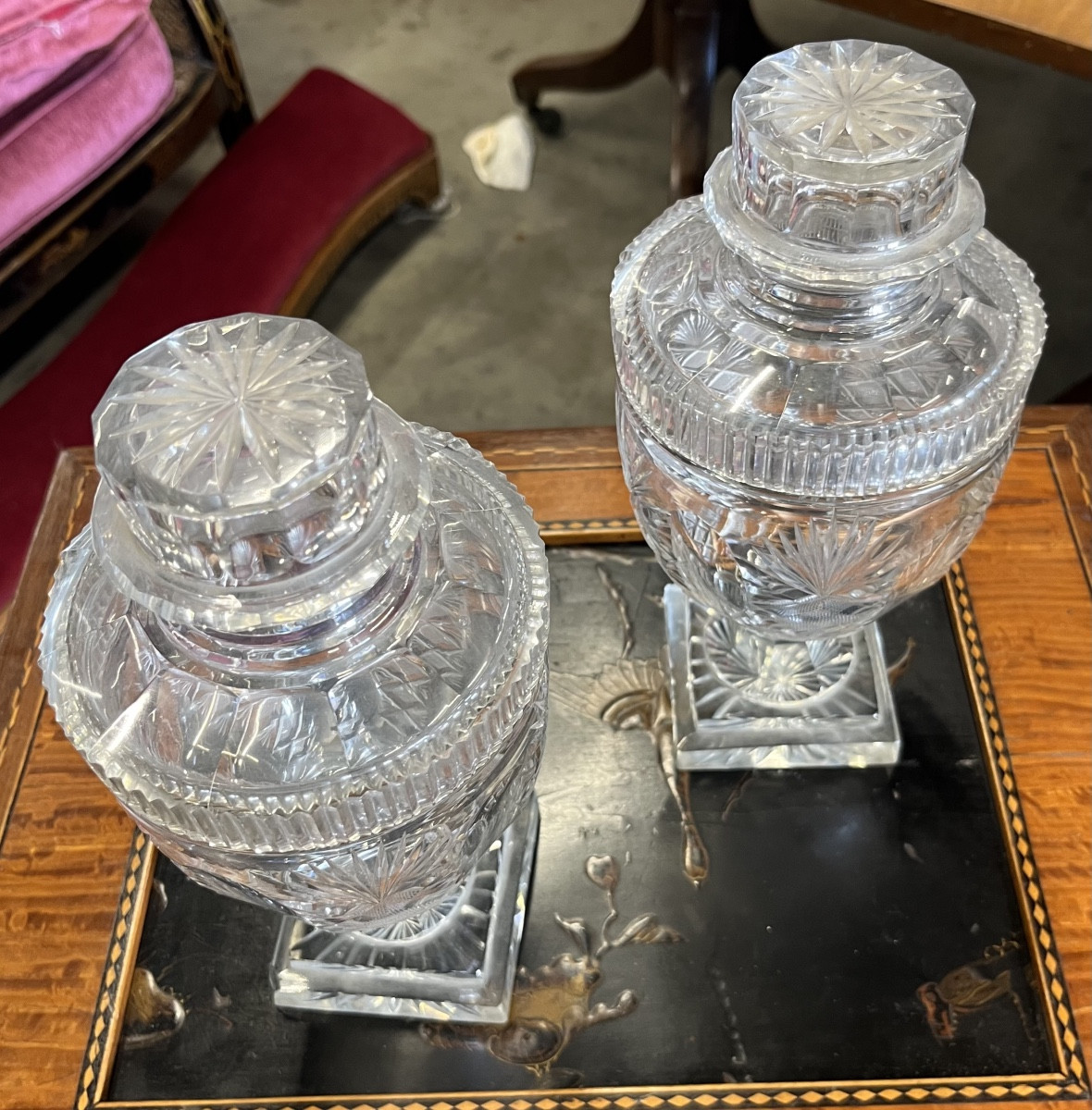 Paire De Drageoirs  En Cristal Taillé Début  XIX Eme  -photo-2
