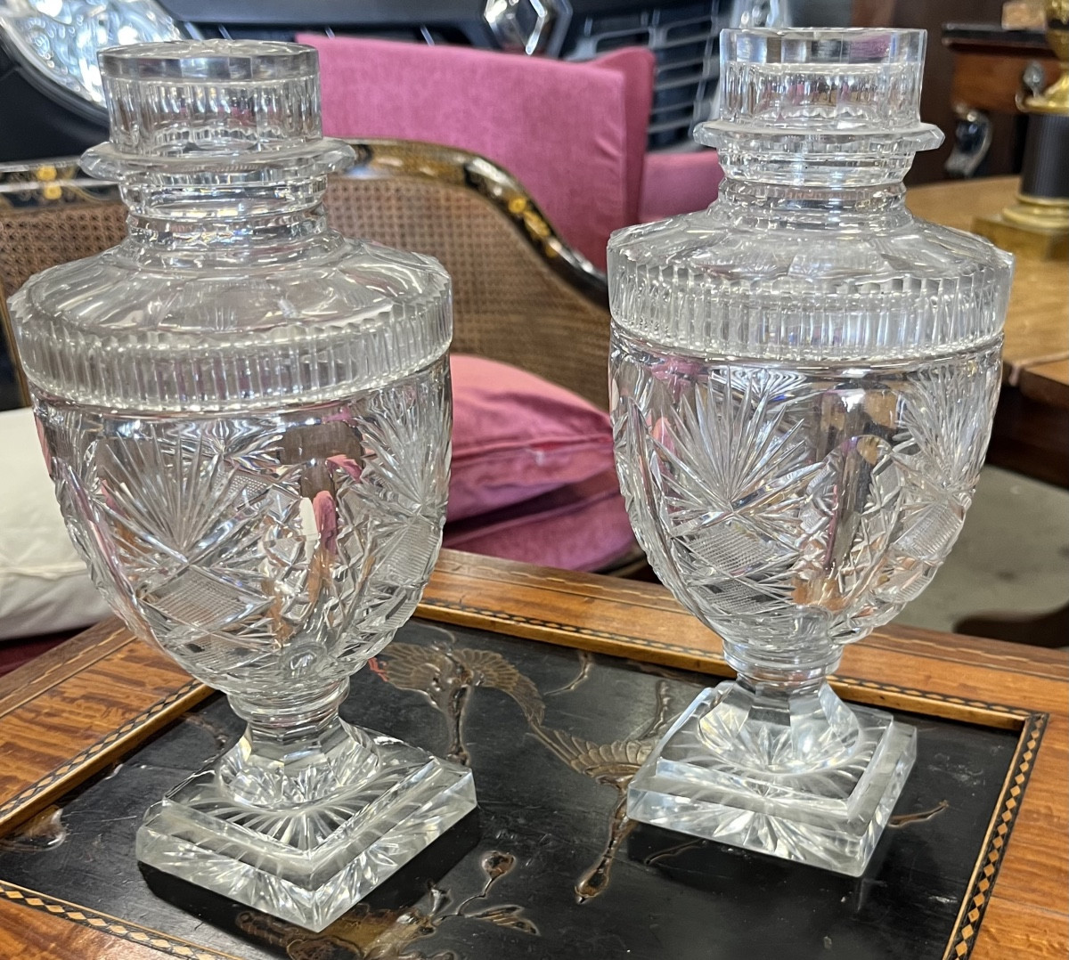 Paire De Drageoirs  En Cristal Taillé Début  XIX Eme  -photo-3