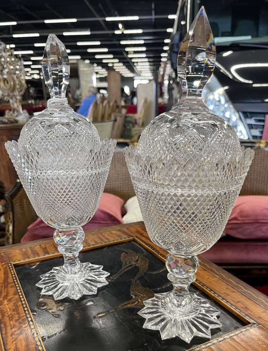 Paire De Drageoirs En Cristal Taillé En Pointe De Diamant  XIXeme 