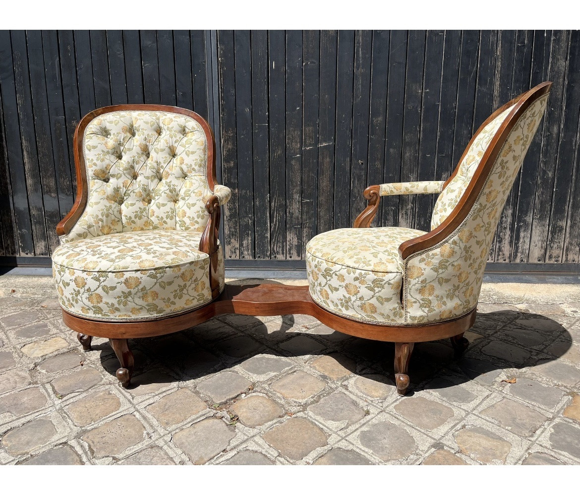 2 fauteuils en conversation tournant en Noyer XIX EME -photo-3