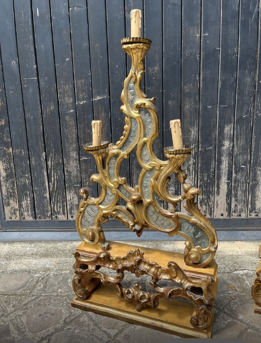 Pair Of Gilded Wooden Candelabras, Italy, 18th Century, Mirror Decoration -photo-2