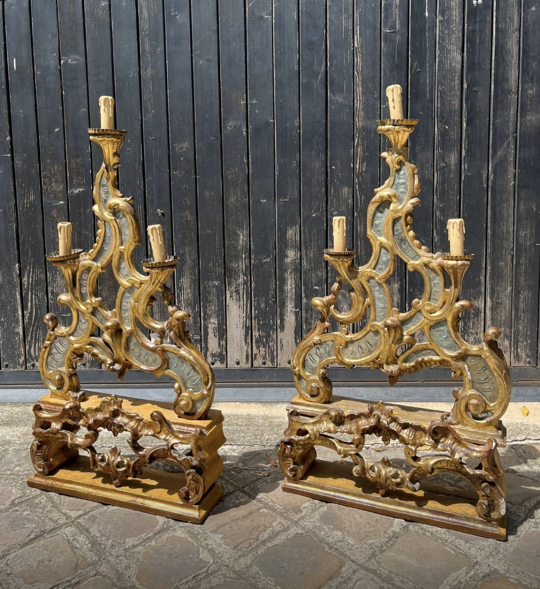 Pair Of Gilded Wooden Candelabras, Italy, 18th Century, Mirror Decoration 
