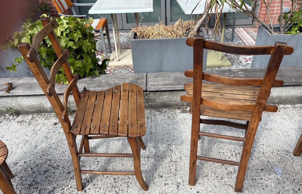 4 Natural Wood Chairs With 19th Century Folk Art Barrettes -photo-2