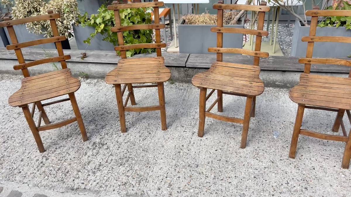 4 Natural Wood Chairs With 19th Century Folk Art Barrettes -photo-1