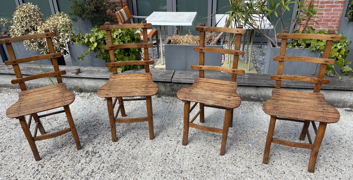 4 Natural Wood Chairs With 19th Century Folk Art Barrettes 
