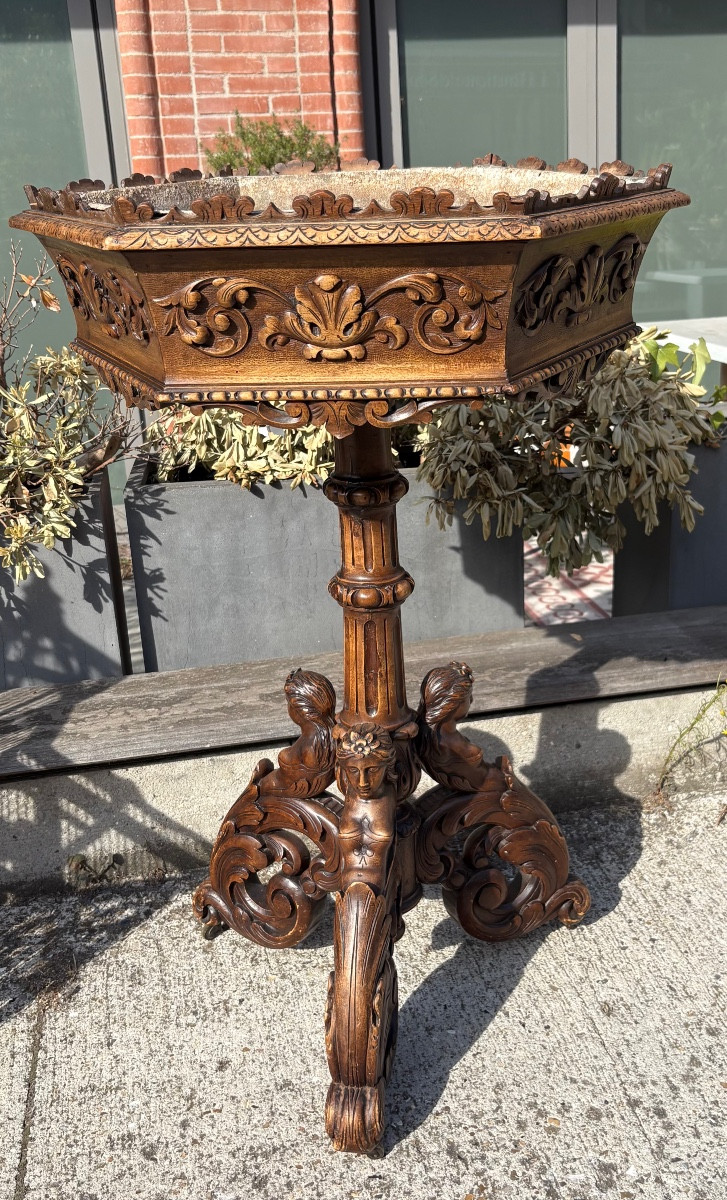 Jardinière style forêt noire  bois sculpté XIX EME hexagonale 