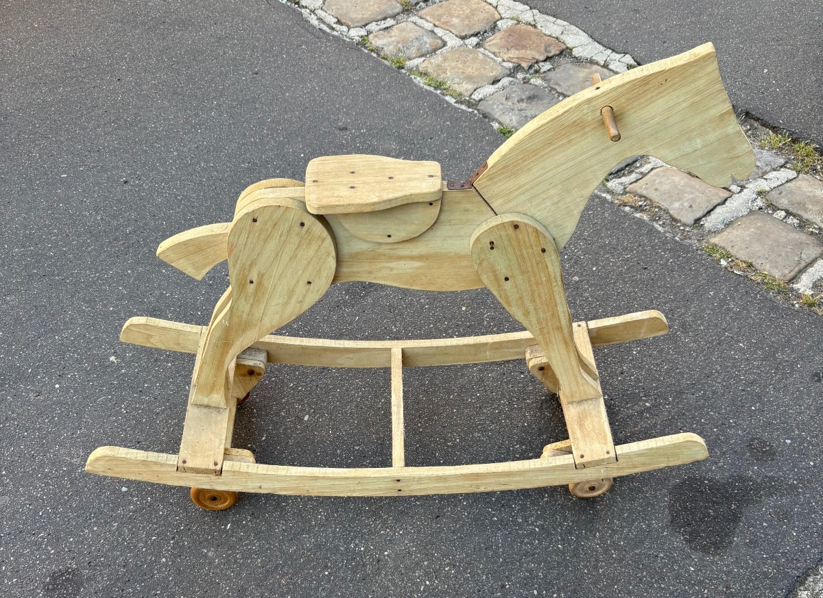 Cheval en bois à roulettes et à bascule années 1950-photo-4
