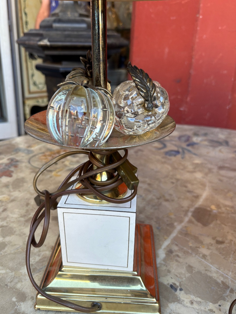 Paire de lampes années 70 décor corbeille de fruits sur socle laqué -photo-3