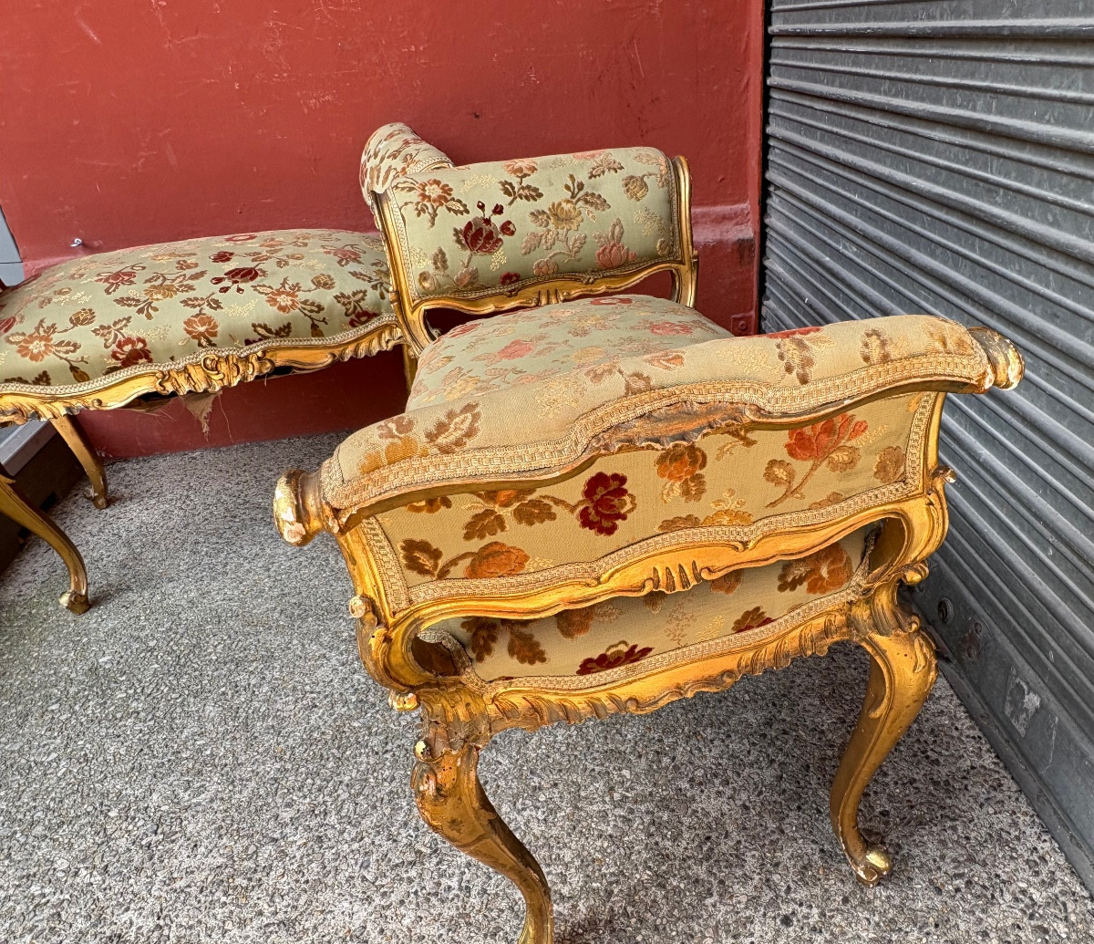 Pair Of Gilded Wooden Stools In Baroque Style, Italy, Early 20th Century -photo-4