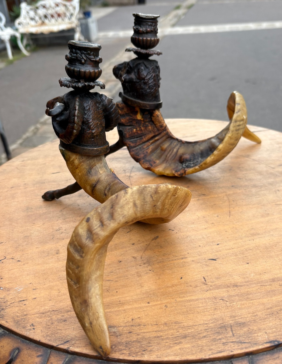 Pair Of Candlesticks Made Of Ibex Horns And Ram And Sheep Heads, 19th Century -photo-2