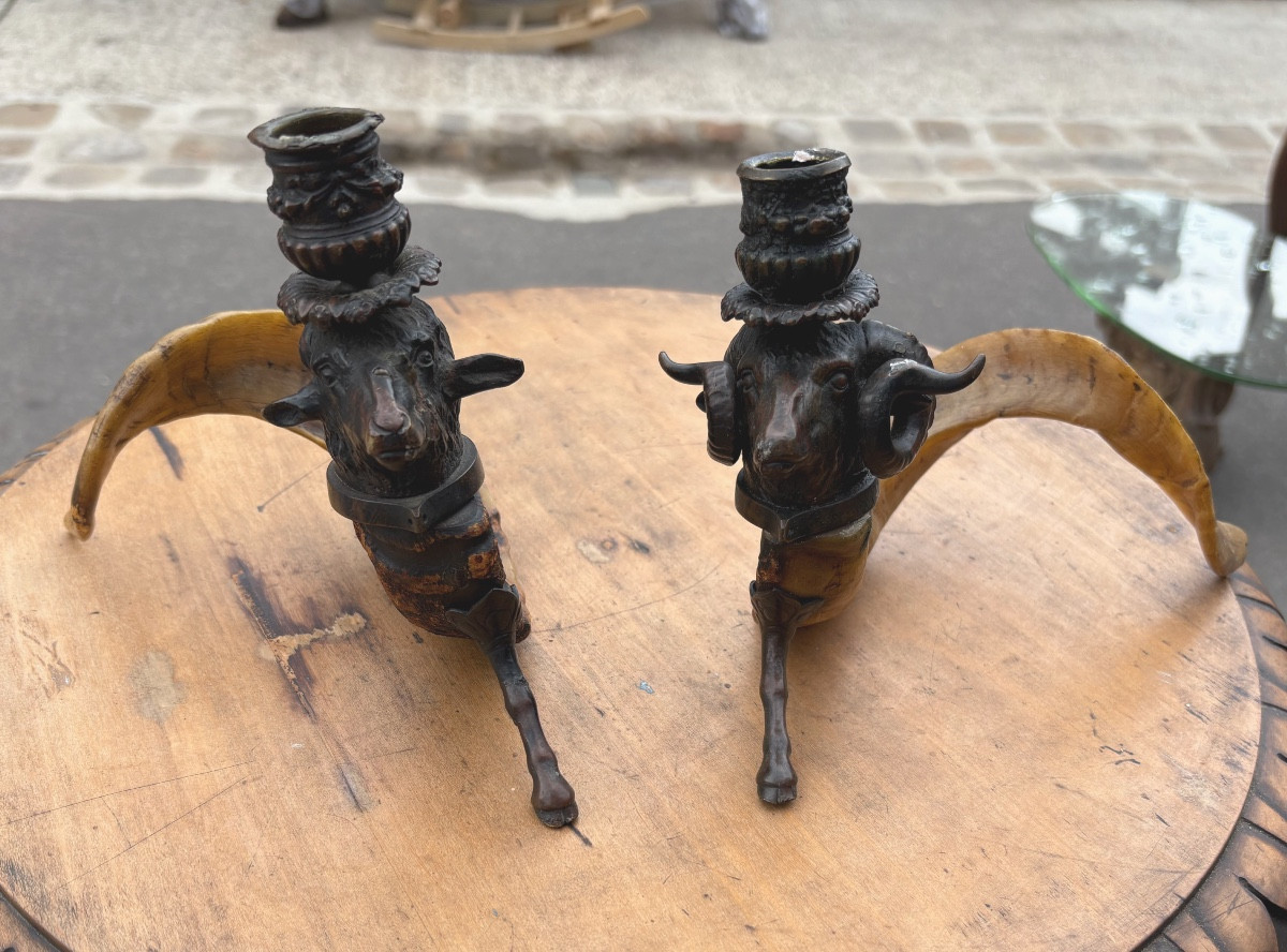 Pair Of Candlesticks Made Of Ibex Horns And Ram And Sheep Heads, 19th Century -photo-3