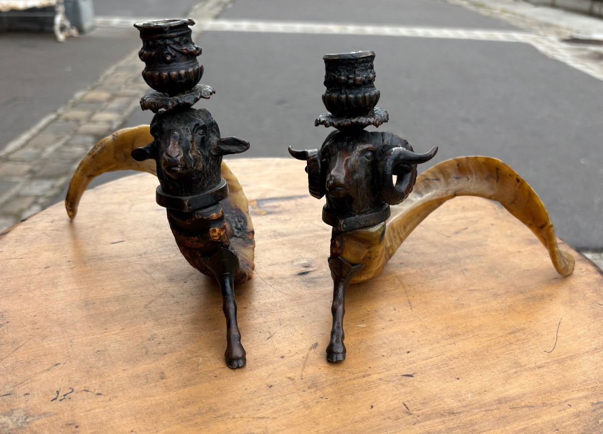 Pair Of Candlesticks Made Of Ibex Horns And Ram And Sheep Heads, 19th Century -photo-4