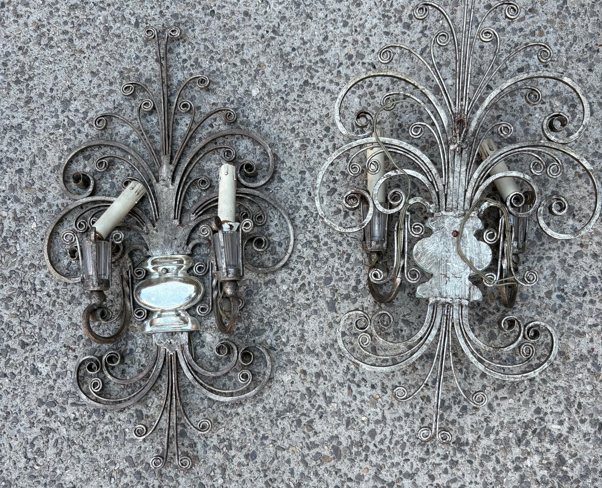 Paire d’appliques fer forgé patine argentée Italie XX EME  Banci-photo-2