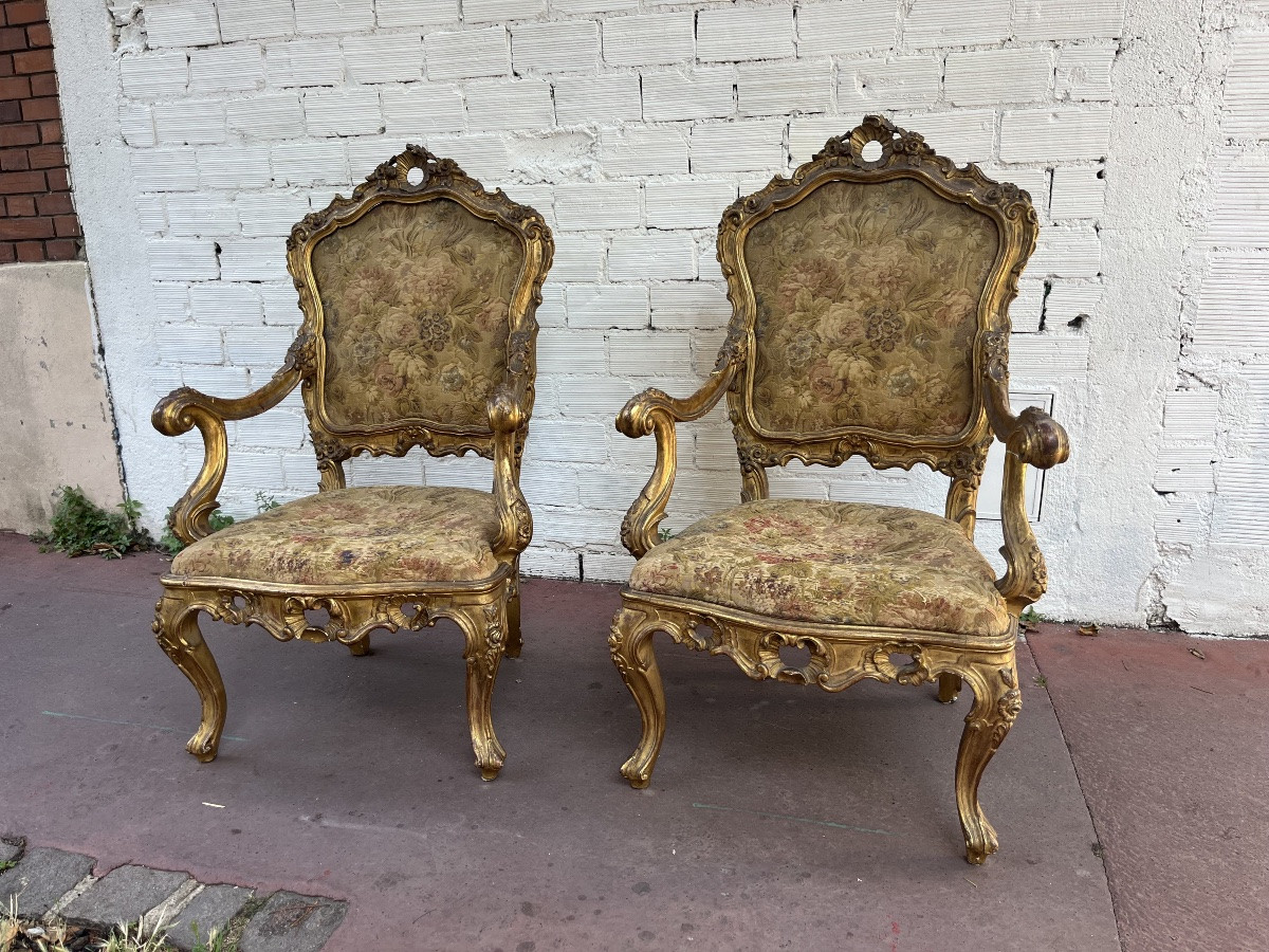 Pair Of Venetian Armchairs In Gilded Wood, 19th Century-photo-2