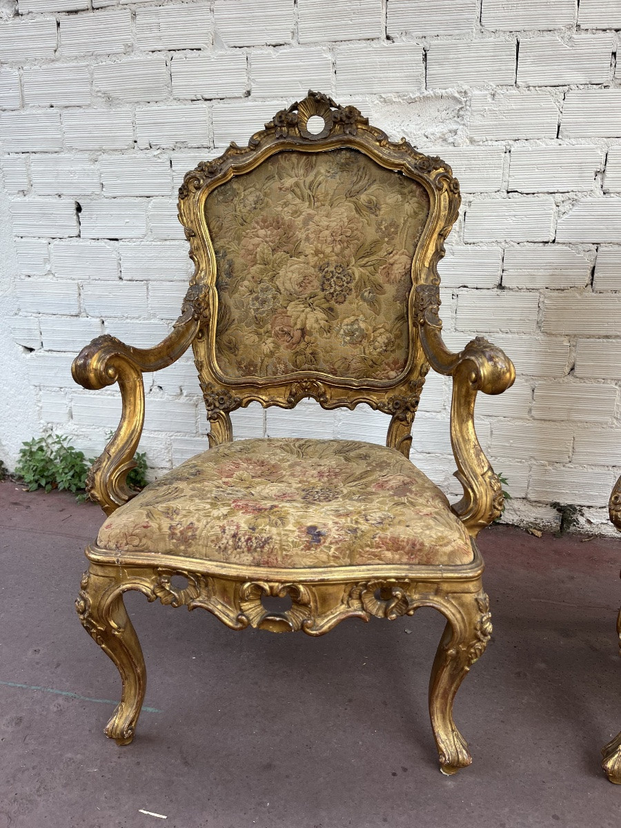 Pair Of Venetian Armchairs In Gilded Wood, 19th Century-photo-3