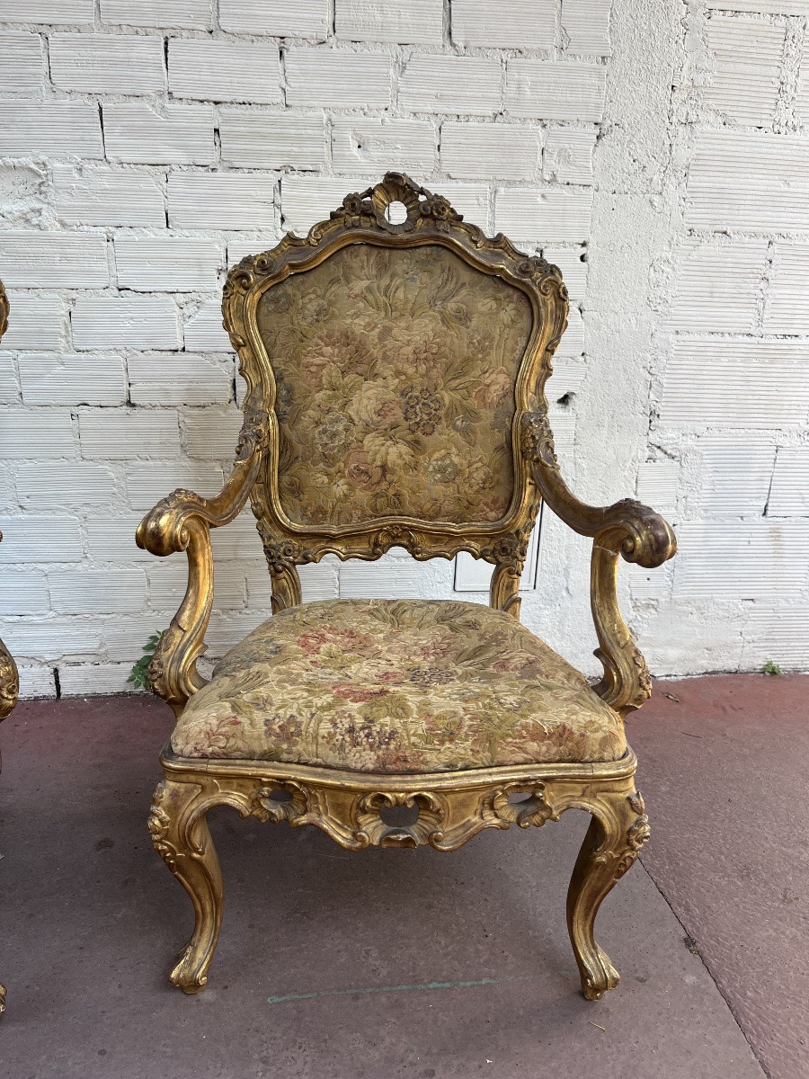Pair Of Venetian Armchairs In Gilded Wood, 19th Century-photo-4