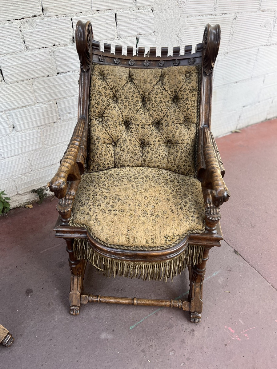 Pair Of Walnut Armchairs, 19th Century, Troubadour / Neo-gothic Style-photo-2