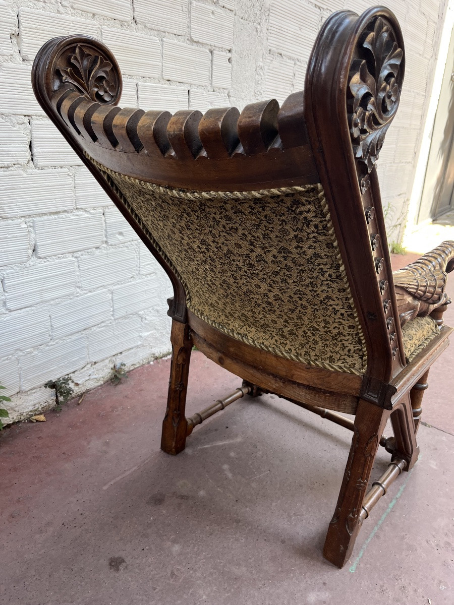Pair Of Walnut Armchairs, 19th Century, Troubadour / Neo-gothic Style-photo-1