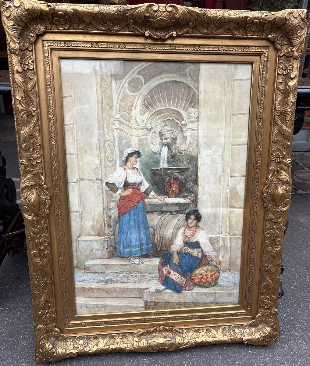 Watercolor On Paper With Fountain By Bompiani Battaglia Late 19 Eme -photo-2