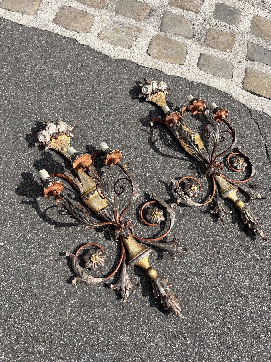 Paire d’appliques murales en bois sculpté,Italie, début XXe siècle-photo-2