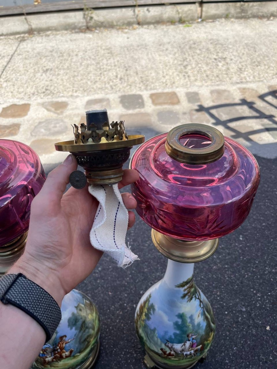 Paire de lampes à huile en porcelaine, époque Napoléon III, XIXe siècle-photo-4
