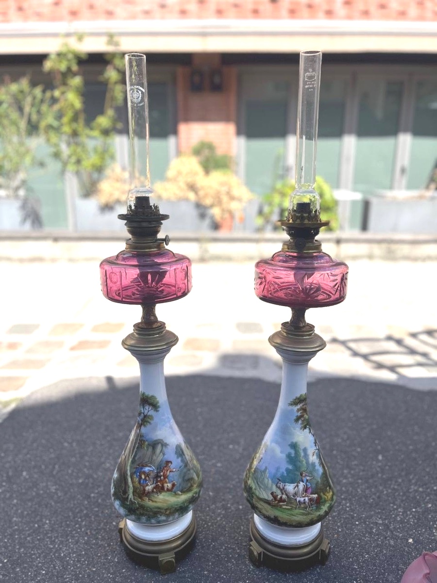 Paire de lampes à huile en porcelaine, époque Napoléon III, XIXe siècle-photo-3