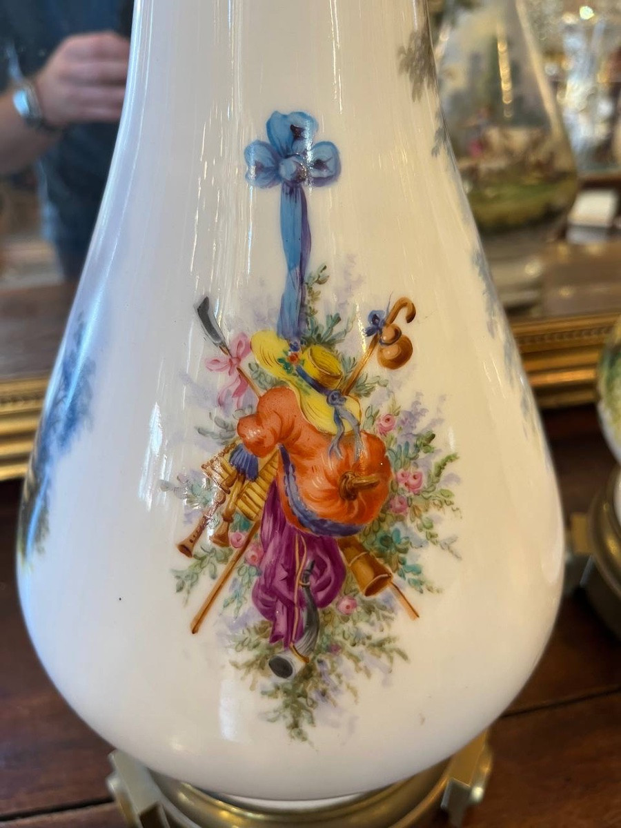 Paire de lampes à huile en porcelaine, époque Napoléon III, XIXe siècle-photo-2