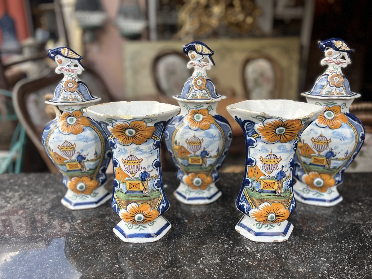 Garniture en faïence de Delft polychrome, XVIIIe siècle-photo-4