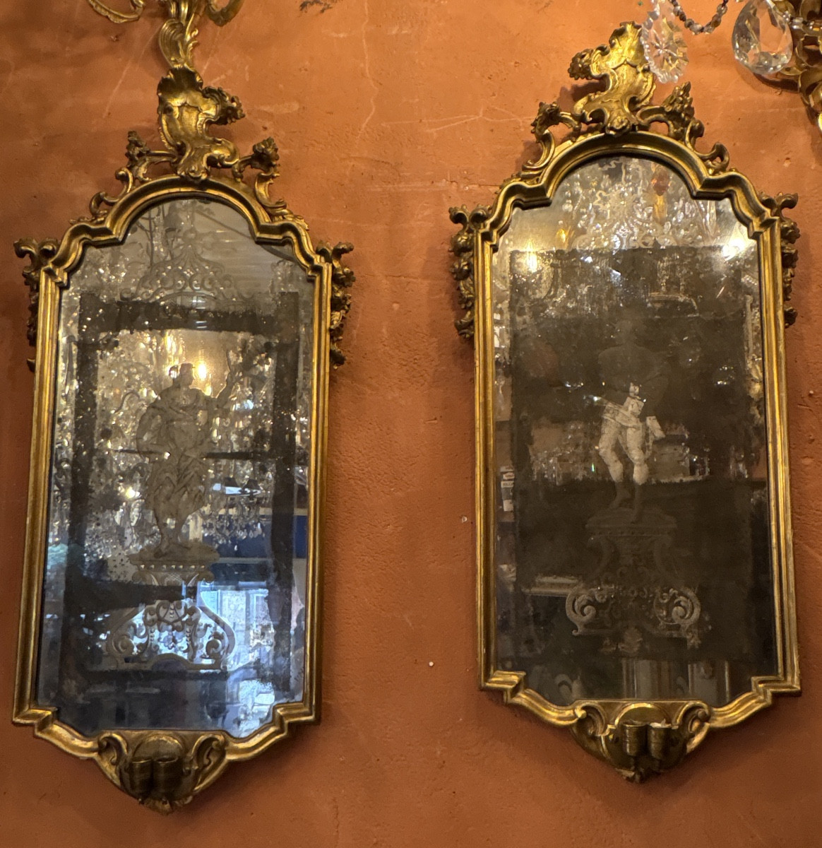 Pair Of Venetian Mirrors Decorated With Figures, 19th Century 