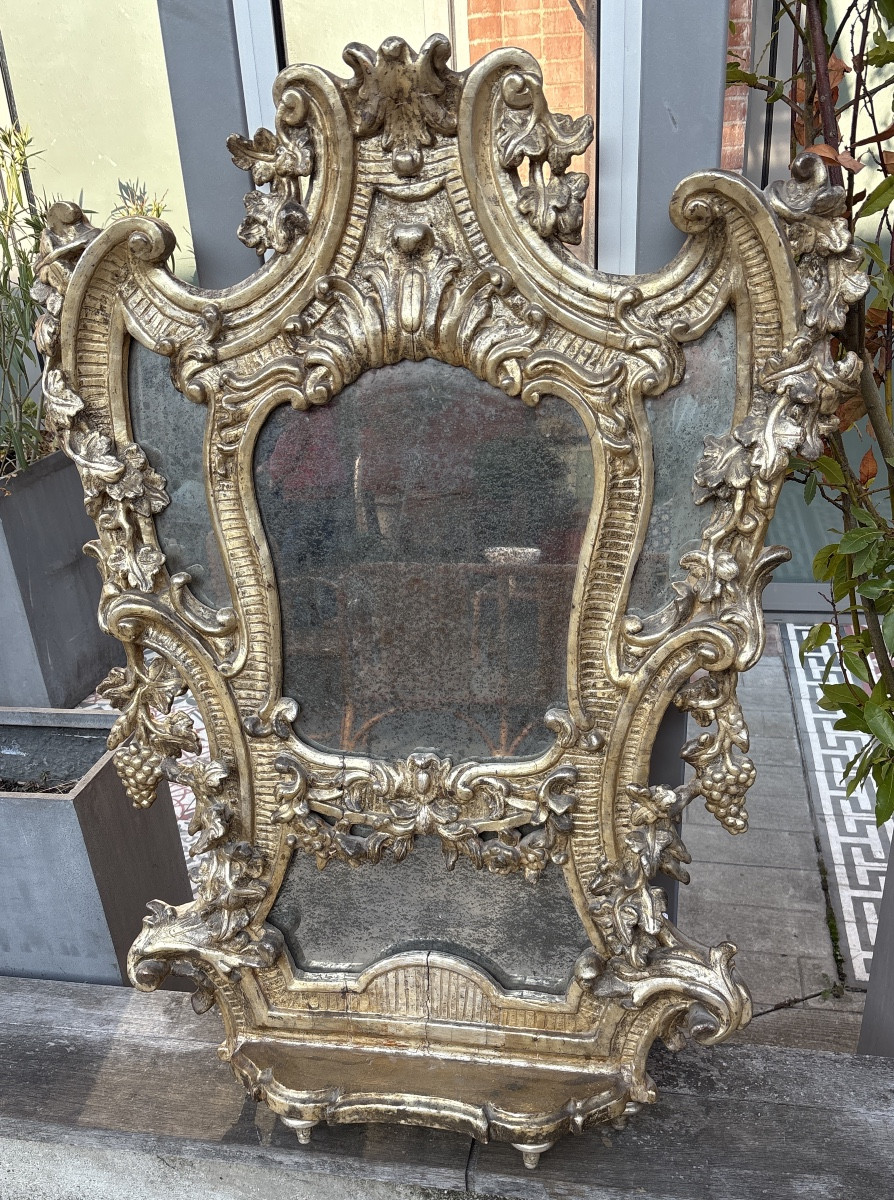 Antique Altar Front Mirror With Silvered Wood, Naples, 18th Century 