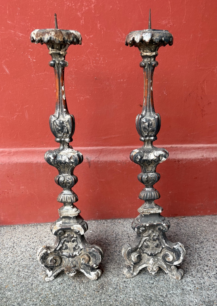 Pair Of Carved Silver-plated Wooden Candlesticks, Italy, 18th Century -photo-1